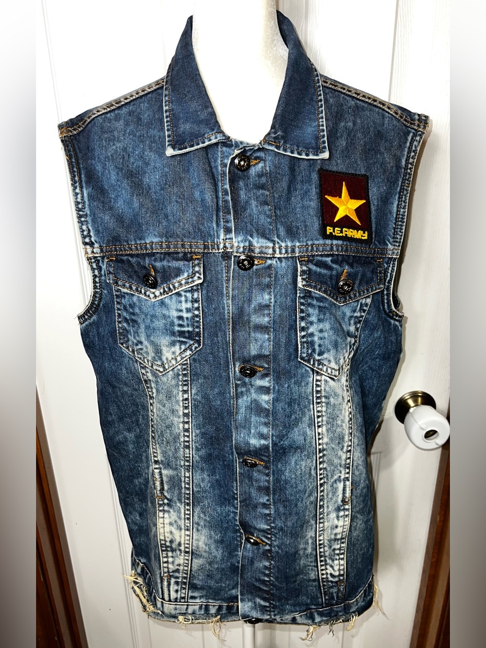 Men’s Denim Vest Distressed Grunge Military Streetwear Motorcycle Biker M